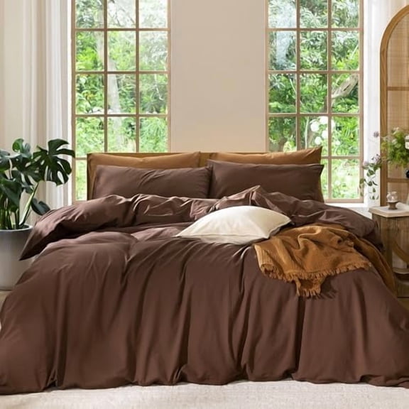 Bedding Duvet Cover Set 100% Washed Cotton Linen Like Textured Breathable Durable Soft Comfy (Solid Cocoa Brown, Twin 68"x90")