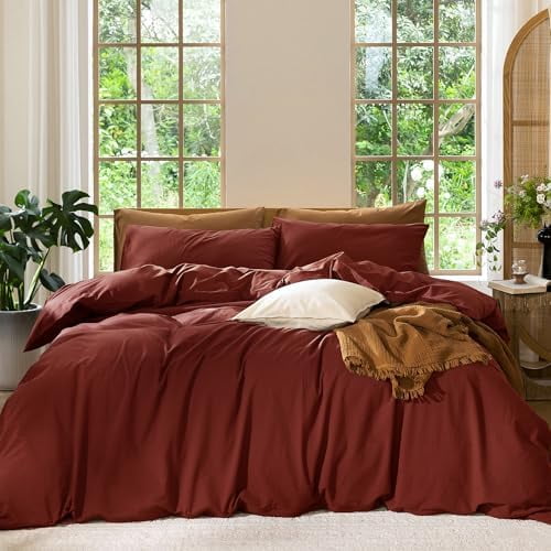Bedding Duvet Cover Set 100% Washed Cotton Linen Like Textured Breathable Durable Soft Comfy (Solid Fired Brick Red, Twin 68"x90")