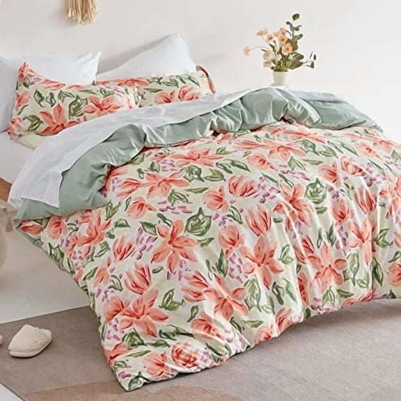 Bedding Duvet Cover Sets Printed Floral 120gsm Ultra Soft Zipper Closure Corner Ties, Peach Blossom,Full/Queen (90 X 90 inch | 2 Pillow Shams)