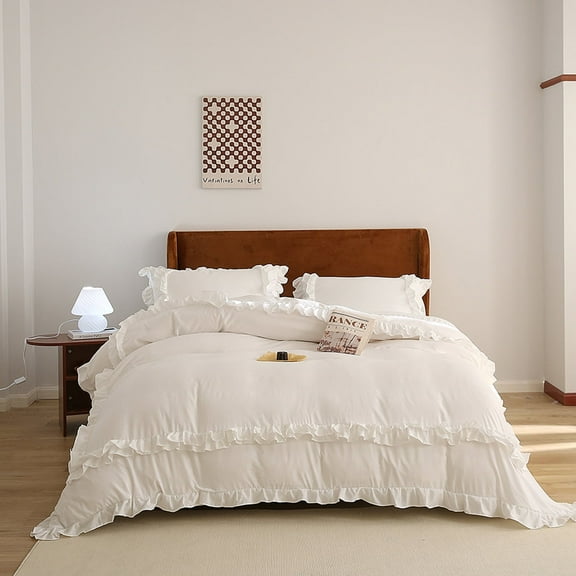Bedding Duvet Cover With Pillowcase Set Washed Cotton Ruffle Edge White Queen Size