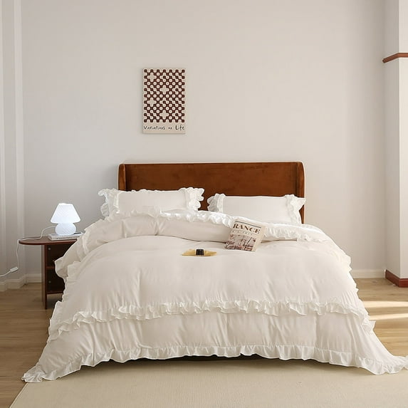 Bedding Duvet Cover With Pillowcase Set Washed Cotton Ruffle Edge White Queen Size