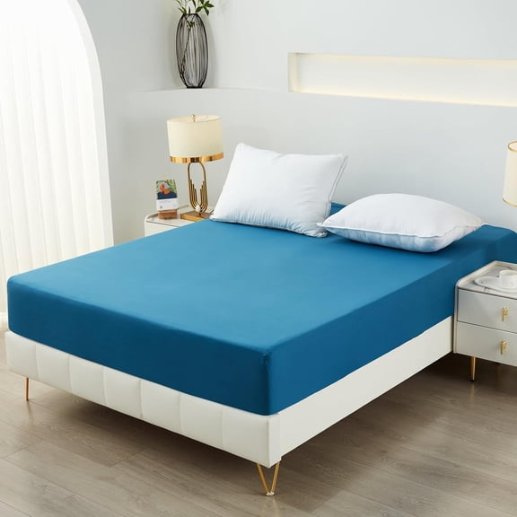 Bedding Fitted Sheet, Deep Pocket, Soft Microfiber, Shrinkage and Fade Resistant, Easy Care, Denim Blue