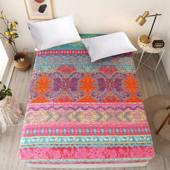 Bedding Fitted Sheet with Deep Pocket,Bohemian Printed Soft Fabric Bed Bottom Sheets (Red(Boho), Queen)