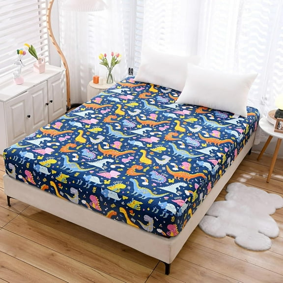 Bedding Fitted Sheet with Deep Pocket,Dino Printed Thicken Soft Fabric Bed Sheets (Navy Blue(Dinosaur), Queen)
