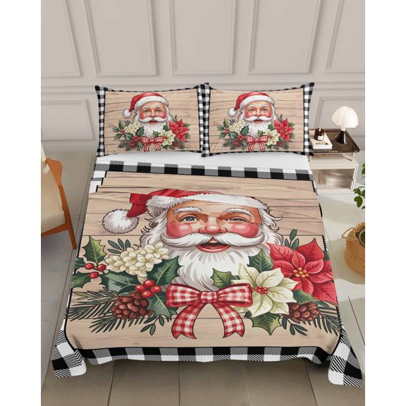 Bedding Flat Sheet - Hotel Quality California King Top Sheet - Christmas Santa Claus Poinsettias on Wooden Soft Breathable Microfiber Fabric Bed Top Sheet 1 Flat Sheet Only,Black Plaid