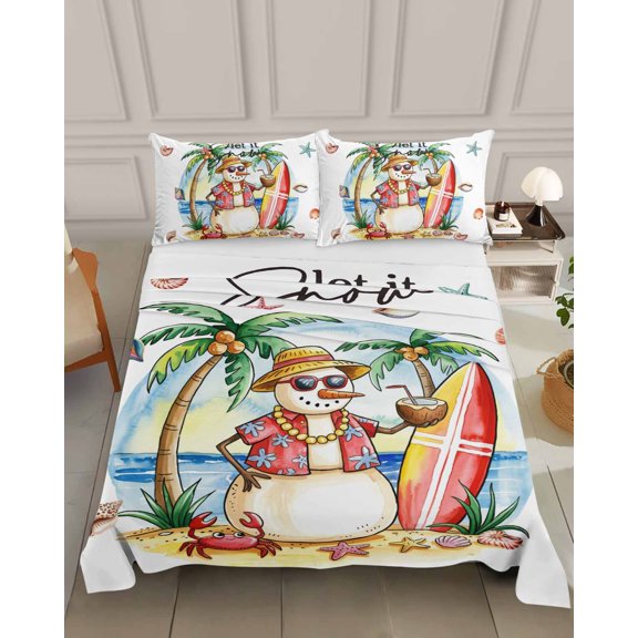 Bedding Flat Sheet - Hotel Quality King Top Sheet - Abstract Snowman on Beach Soft Breathable Microfiber Fabric Bed Top Sheet 1 Flat Sheet Only,Ocean Starfish Shell