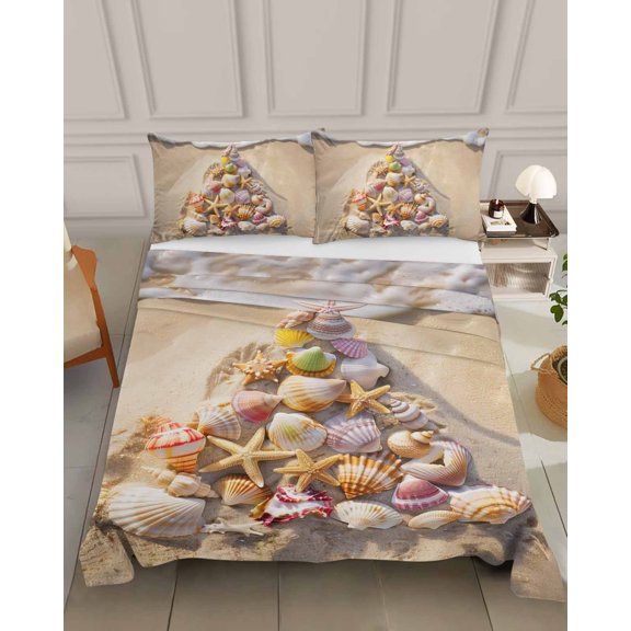 Bedding Flat Sheet - Hotel Quality King Top Sheet - Christmas Tree Starfish Shell Beach Sand Soft Breathable Microfiber Fabric Bed Top Sheet 1 Flat Sheet Only,Xmas Tree Ocean Theme