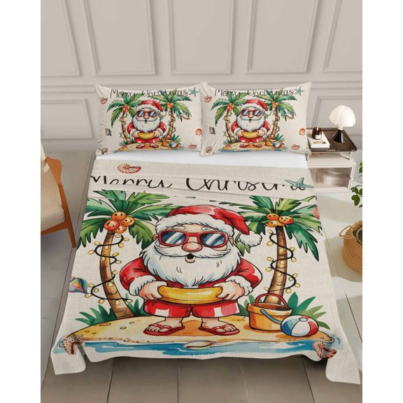 Bedding Flat Sheet - Hotel Quality King Top Sheet - Vintage Ocean Beach Santa Claus Soft Breathable Microfiber Fabric Bed Top Sheet 1 Flat Sheet Only,Starfish Shell