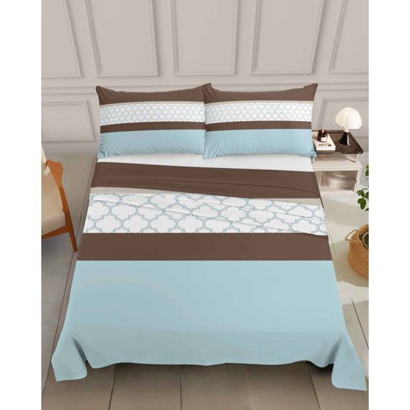 Bedding Flat Sheet - Hotel Quality Queen Top Sheet - Blue Brown Moroccan Trellis Soft Breathable Microfiber Fabric Bed Top Sheet 1 Flat Sheet Only,Modern Abstract Art