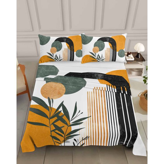 Bedding Flat Sheet - Hotel Quality Queen Top Sheet - Boho Mid Century Arch Round Soft Breathable Microfiber Fabric Bed Top Sheet 1 Flat Sheet Only,Sun Green Leaf