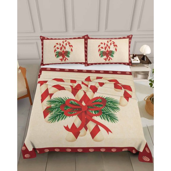 Bedding Flat Sheet - Hotel Quality Queen Top Sheet - Christmas Candies Pine Branch Soft Breathable Microfiber Fabric Bed Top Sheet 1 Flat Sheet Only,Cane Red Beige