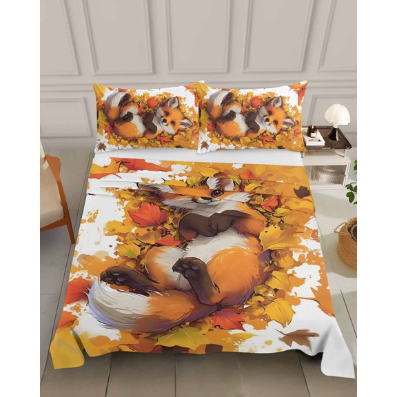 Bedding Flat Sheet - Hotel Quality Queen Top Sheet - Cute Fox Lying in Orange Maple Leaves Soft Breathable Microfiber Fabric Bed Top Sheet 1 Flat Sheet Only,Autumn Botanical