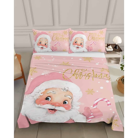 Bedding Flat Sheet - Hotel Quality Queen Top Sheet - Funny Santa Claus Snowflake on Pink Soft Breathable Microfiber Fabric Bed Top Sheet 1 Flat Sheet Only,Merry Christmas