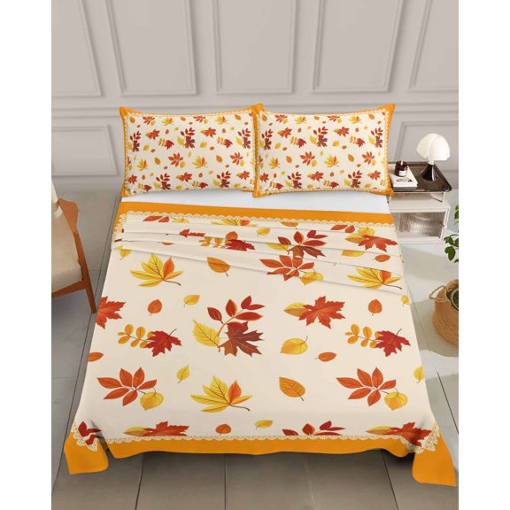 Bedding Flat Sheet - Hotel Quality Queen Top Sheet - Happy Thanksgiving Fall Watercolor Maple Leaf Soft Breathable Microfiber Fabric Bed Top Sheet 1 Flat Sheet Only,Orange Leaves