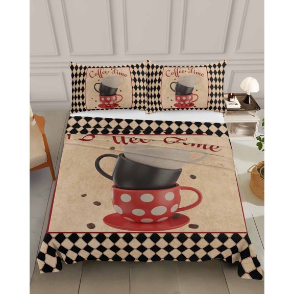 Bedding Flat Sheet - Hotel Quality Queen Top Sheet - Vintage Coffee Cup Beans Texts Soft Breathable Microfiber Fabric Bed Top Sheet 1 Flat Sheet Only,Black Check Border