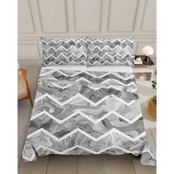 Bedding Flat Sheet - Hotel Quality California King Top Sheet - Abstract Geometric Grey Stripe Zigzag Chevron Soft Breathable Microfiber Fabric Bed Top Sheet 1 Flat Sheet Only, Modern Marble Line