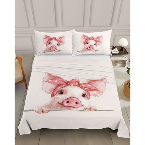Bedding Flat Sheet - Hotel Quality California King Top Sheet - Farm Watercolor Pink Pig Soft Breathable Microfiber Fabric Bed Top Sheet 1 Flat Sheet Only, Cartoon