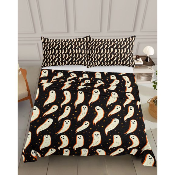 Bedding Flat Sheet- Hotel Quality California King Top Sheet - Halloween Smile Ghost Soft Breathable Microfiber Fabric Bed Top Sheet 1 Flat Sheet Only, Cute Elf on Black Background