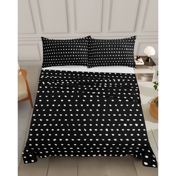 Bedding Flat Sheet- Hotel Quality California King Top Sheet - Modern White Polka Dot on Black Soft Breathable Microfiber Fabric Bed Top Sheet 1 Flat Sheet Only, Abstract Geometric Style