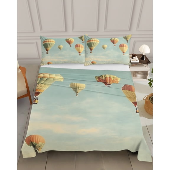 Bedding Flat Sheet - Hotel Quality California King Top Sheet - Retro Style Hot Air Balloon Soft Breathable Microfiber Fabric Bed Top Sheet 1 Flat Sheet Only, Cloud Scene