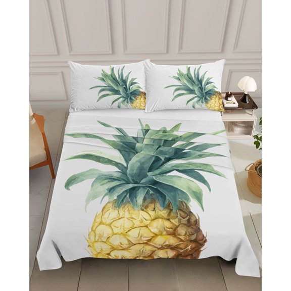Bedding Flat Sheet - Hotel Quality California King Top Sheet - Summer Farm Watercolor Pineapple Soft Breathable Microfiber Fabric Bed Top Sheet 1 Flat Sheet Only, Tropical Fruits