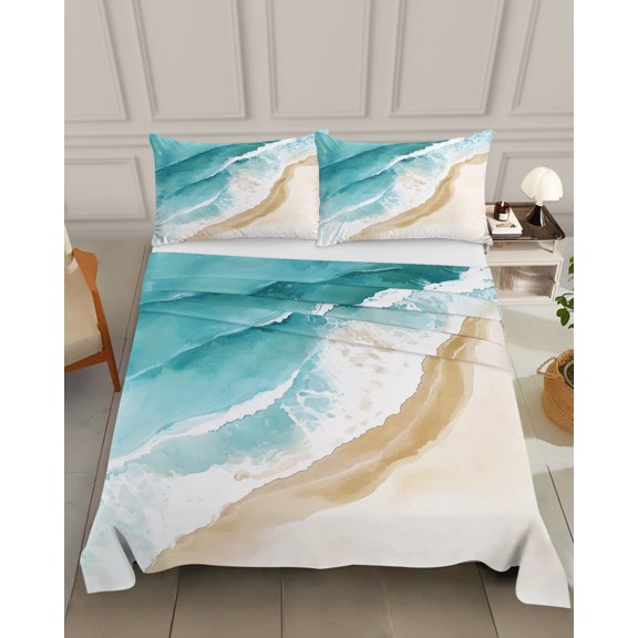 Bedding Flat Sheet - Hotel Quality California King Top Sheet - Summer Nautical Beach Seaside Soft Breathable Microfiber Fabric Bed Top Sheet 1 Flat Sheet Only, Abstract Coastal Ocean Theme