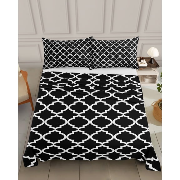 Bedding Flat Sheet- Hotel Quality King Top Sheet - Abstract Black Trellis Morocco Soft Breathable Microfiber Fabric Bed Top Sheet 1 Flat Sheet Only, Farmhouse Minimalist Art