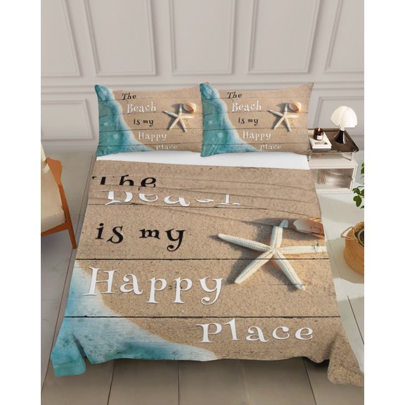 Bedding Flat Sheet- Hotel Quality King Top Sheet - Beach Happy Place Starfish Shells Soft Breathable Microfiber Fabric Bed Top Sheet 1 Flat Sheet Only, Seaside Sea Water
