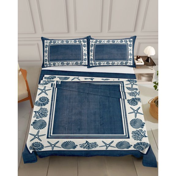 Bedding Flat Sheet - Hotel Quality King Top Sheet - Beach Shell Starfish Coral Conch Soft Breathable Microfiber Fabric Bed Top Sheet 1 Flat Sheet Only, Navy Blue Border