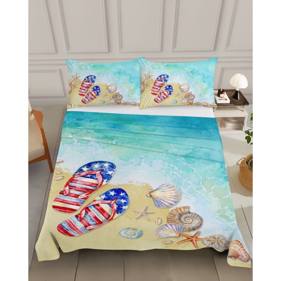 Bedding Flat Sheet- Hotel Quality King Top Sheet - Blue Ocean Coastal Slippers USA Flag Soft Breathable Microfiber Fabric Bed Top Sheet 1 Flat Sheet Only, Ocean Starfish Shell