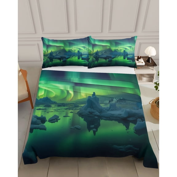 Bedding Flat Sheet- Hotel Quality King Top Sheet - Natural Scene Polar Lights Soft Breathable Microfiber Fabric Bed Top Sheet 1 Flat Sheet Only, Winter Iceland Aurorae