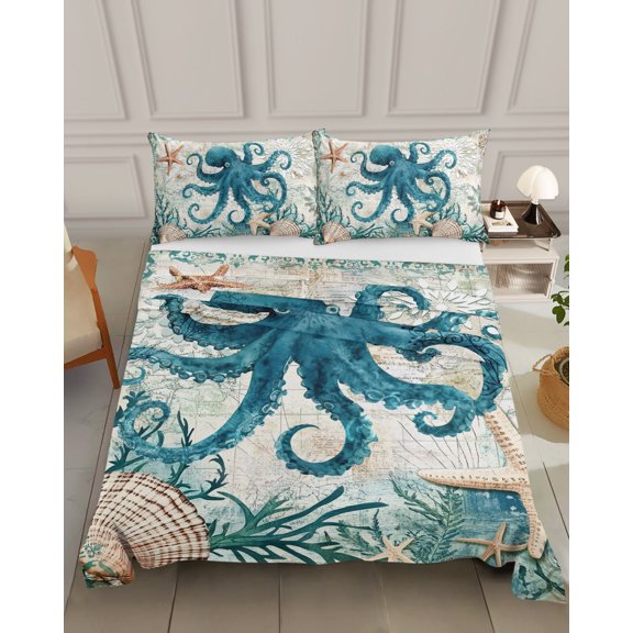 Bedding Flat Sheet - Hotel Quality King Top Sheet - Octopus Starfish Shell Sea Monster Soft Breathable Microfiber Fabric Bed Top Sheet 1 Flat Sheet Only, Nautical Map
