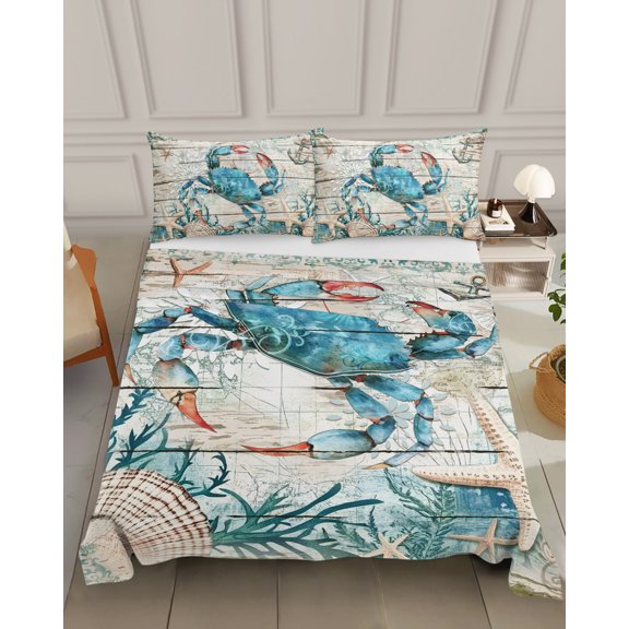 Bedding Flat Sheet- Hotel Quality King Top Sheet - Seaside Crab Starfish Shell Nautical Anchor Soft Breathable Microfiber Fabric Bed Top Sheet 1 Flat Sheet Only, Farm Vintage Wood Board