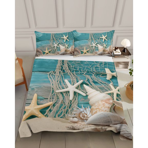Bedding Flat Sheet - Hotel Quality King Top Sheet - Summer Beach Starfish Shell Soft Breathable Microfiber Fabric Bed Top Sheet 1 Flat Sheet Only, Vintage Blue Wood Board