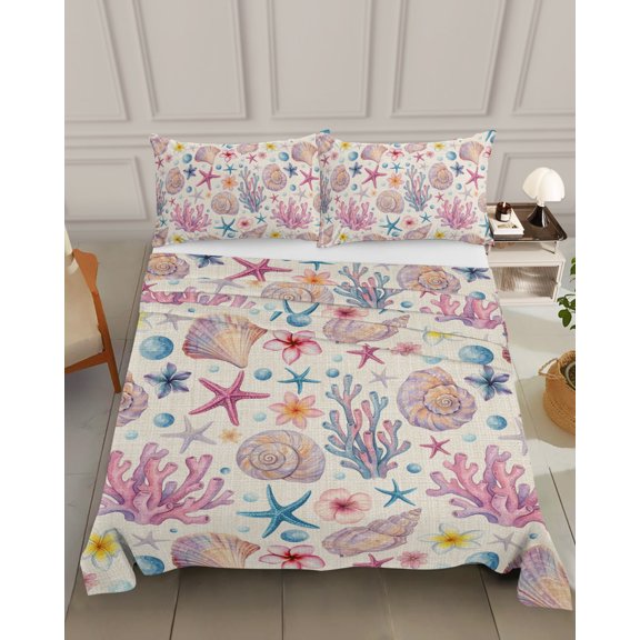 Bedding Flat Sheet - Hotel Quality King Top Sheet - Summer Pink Coral Shell Conch Soft Breathable Microfiber Fabric Bed Top Sheet 1 Flat Sheet Only, Ocean Starfish Retro Linen