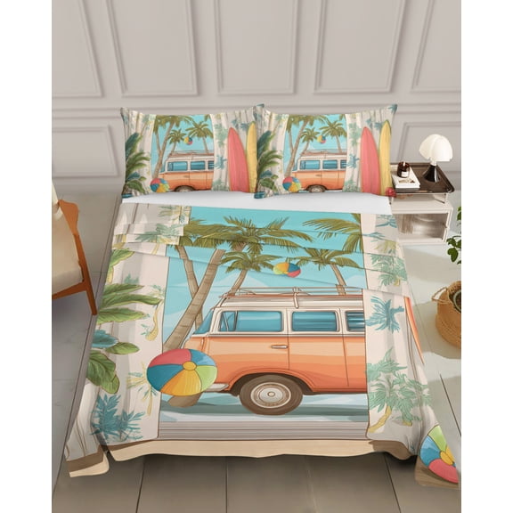 Bedding Flat Sheet- Hotel Quality King Top Sheet - Tropical Beach Vacation Surfboard Soft Breathable Microfiber Fabric Bed Top Sheet 1 Flat Sheet Only, Coconut Tree Camper Van