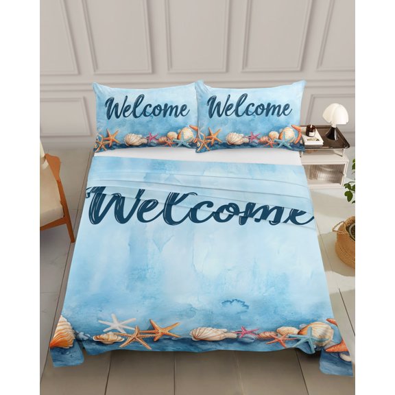 Bedding Flat Sheet - Hotel Quality King Top Sheet - Watercolor Ocean Starfish Shell Soft Breathable Microfiber Fabric Bed Top Sheet 1 Flat Sheet Only, Welcome Quote on Blue