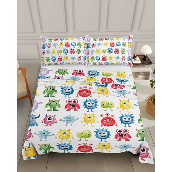 Bedding Flat Sheet&nbsp;- Hotel Quality Queen Top Sheet - Abstract Cartoon Monsters Soft Breathable Microfiber Fabric Bed Top Sheet 1 Flat Sheet Only, Seamless Colorful Cute Alien