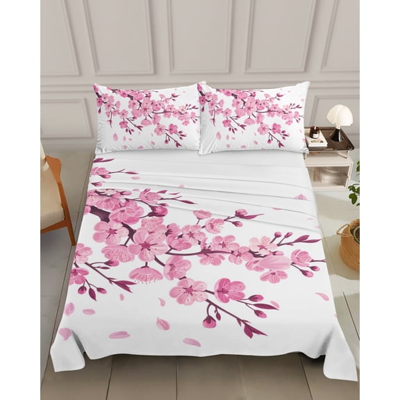 Bedding Flat Sheet&nbsp;- Hotel Quality Queen Top Sheet - Abstract Pink Cherry Blossom Flower on White Soft Breathable Microfiber Fabric Bed Top Sheet 1 Flat Sheet Only, Floral