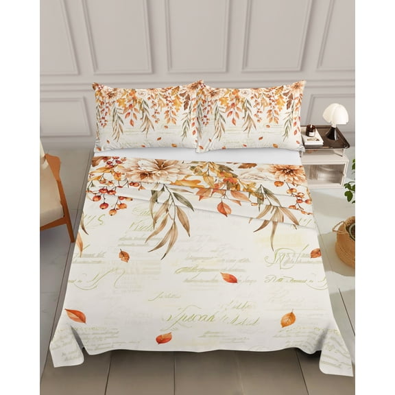 Bedding Flat Sheet - Hotel Quality Queen Top Sheet - Autumn Floral Retro Letter Back Soft Breathable Microfiber Fabric Bed Top Sheet 1 Flat Sheet Only, Fall Thanksgiving Berry Leaves