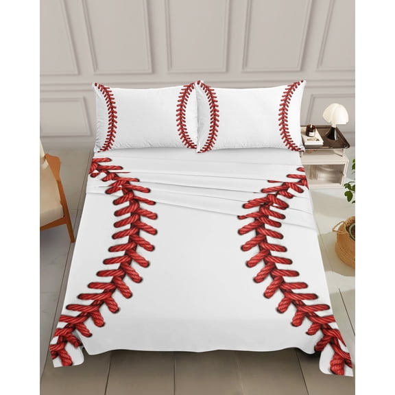 Bedding Flat Sheet - Hotel Quality Queen Top Sheet - Baseball Stitches Texture Soft Breathable Microfiber Fabric Bed Top Sheet 1 Flat Sheet Only, Modern Minimalist Sport Theme