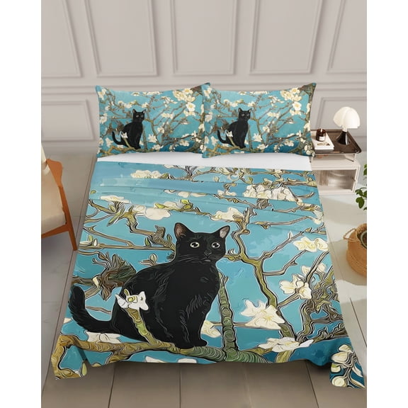 Bedding Flat Sheet - Hotel Quality Queen Top Sheet - Black Cat on Branches Soft Breathable Microfiber Fabric Bed Top Sheet 1 Flat Sheet Only, Oil Style Cute Kitty