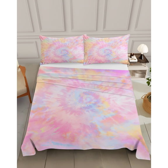 Bedding Flat Sheet - Hotel Quality Queen Top Sheet - Colorful Rainbow Tie Dye Style Soft Breathable Microfiber Fabric Bed Top Sheet 1 Flat Sheet Only, Colored Abstract Art