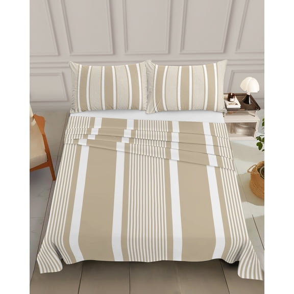 Bedding Flat Sheet - Hotel Quality Queen Top Sheet - Farmhouse Tan Stripes Line Soft Breathable Microfiber Fabric Bed Top Sheet 1 Flat Sheet Only, Minimalist Boho Striped