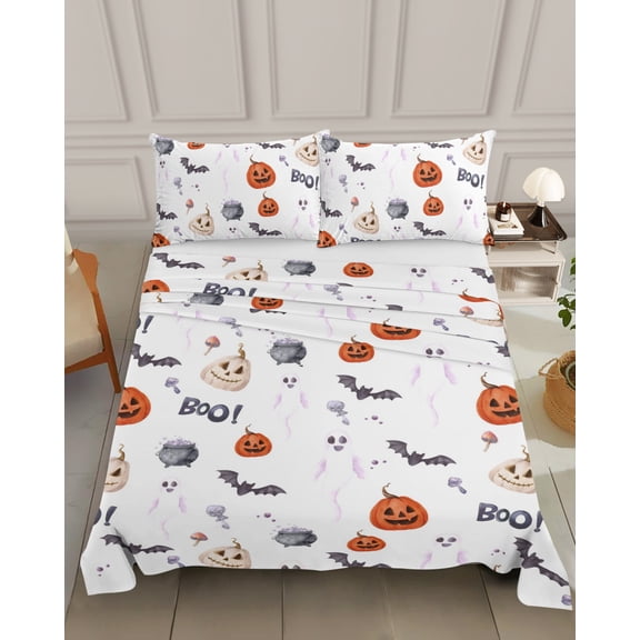 Bedding Flat Sheet - Hotel Quality Queen Top Sheet - Halloween Boo Ghost Pumpkin Bat Soft Breathable Microfiber Fabric Bed Top Sheet 1 Flat Sheet Only, Scary Theme Seamless