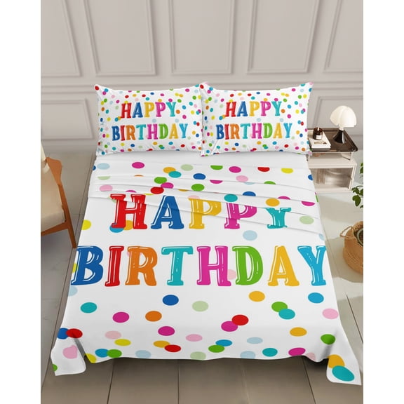Bedding Flat Sheet - Hotel Quality Queen Top Sheet - Happy Birthday Rainbow Theme Soft Breathable Microfiber Fabric Bed Top Sheet 1 Flat Sheet Only, Colorful Polka Dot