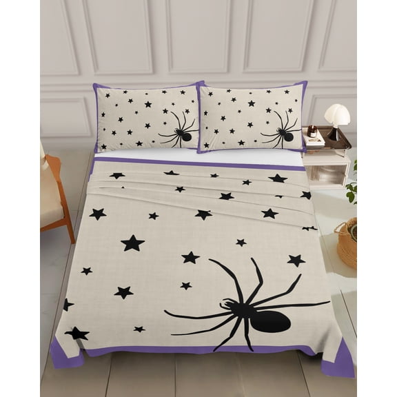 Bedding Flat Sheet&nbsp;- Hotel Quality Queen Top Sheet - Happy Halloween Cartoon Spiders- Stars Black Shadow Soft Breathable Microfiber Fabric Bed Top Sheet 1 Flat Sheet Only, Purple Border