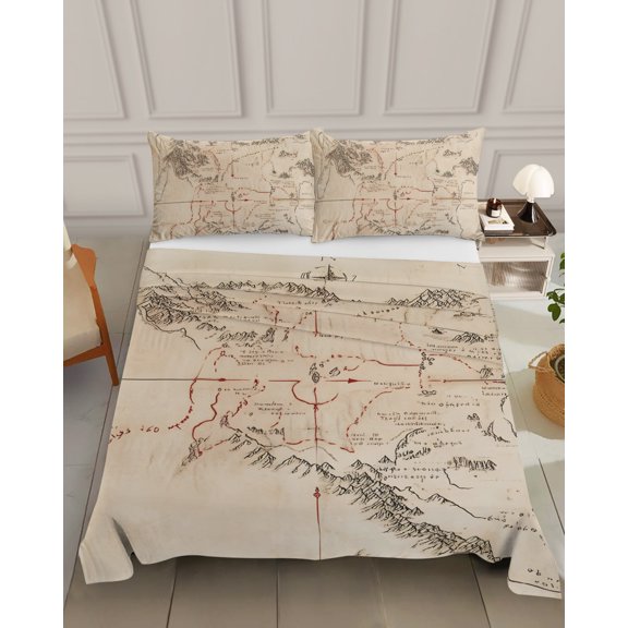 Bedding Flat Sheet - Hotel Quality Queen Top Sheet - Middle Earth Map on Vintage Soft Breathable Microfiber Fabric Bed Top Sheet 1 Flat Sheet Only, Abstract Mountain
