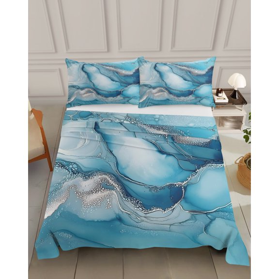 Bedding Flat Sheet - Hotel Quality Queen Top Sheet - Natural Blue Marble Stone Art Soft Breathable Microfiber Fabric Bed Top Sheet 1 Flat Sheet Only, Modern Abstract Liquid Texture