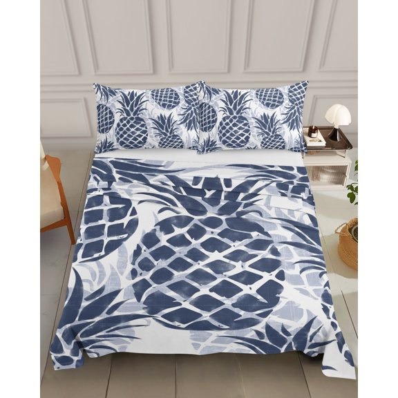Bedding Flat Sheet - Hotel Quality Queen Top Sheet - Nautical Navy Blue Pineapple Leaves Soft Breathable Microfiber Fabric Bed Top Sheet 1 Flat Sheet Only, Abstract Summer Fruit